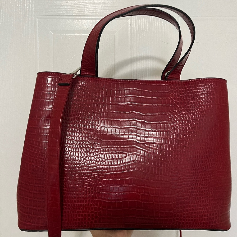 Red, Croc Leather, Shoulder Tote Bag, 3 Partitions